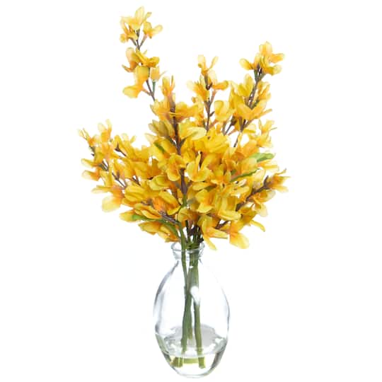 13" Yellow Forsythia in Clear Glass Vase by Ashland®